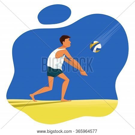 Beach Volleyball Player In Sports Shorts And A White T-shirt Is Training The Take Of Ball After Serv