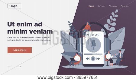 People Listening Speakers From Broadcasting Station Flat Vector Illustration. Man And Woman Listenin