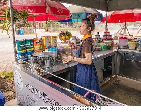 Vientiane/lao-4 Dec 2017:traditional Lao Coffee Chop In The Bus Stop Station Restaurant Between Vien