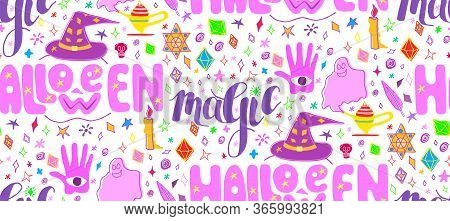 Seamless Pattern: Happy Halloween, Magic, Doodle Style, Handdrawn. Vector Illustration, Template Gra