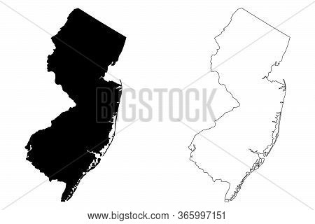 New Jersey Nj State Maps. Black Silhouette And Outline Isolated On A White Background. Eps Vector