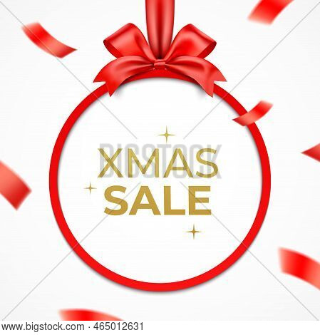 Red Giftbox Frame With Exploded Satin Ribbon And Xmas Sale Text On A White Background. Christmas Sal