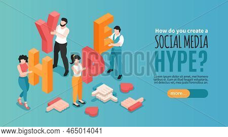Horizontal Social Media Hype Banner With Human Characters Holding Letters And Likes 3d Isometric Vec