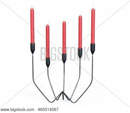 Coper Candelabras With Candles On The White Surface. 3d Render