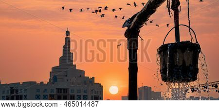 Doha, Qatar- October 10,2022 : Morning View Of Fanar Building Aong With Souq Waqif Well