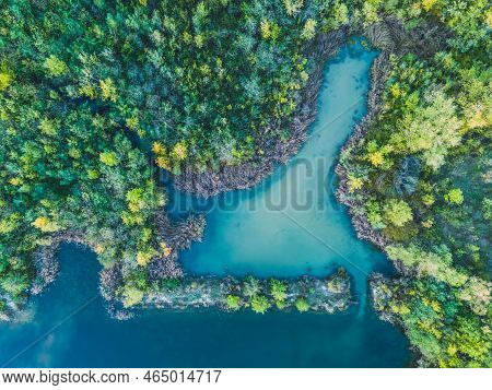Aerial View Of A Forest Lake. Aerial View Of Blue Lake And Green Forests On A Sunny Summer Day. Dron