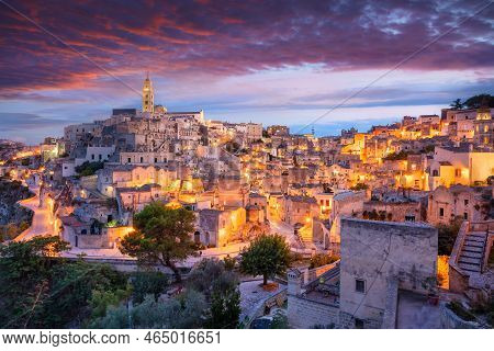 Matera, Italy. Cityscape Aerial Image Of Medieval City Of Matera, Basilicata Italy At Beautiful Summ