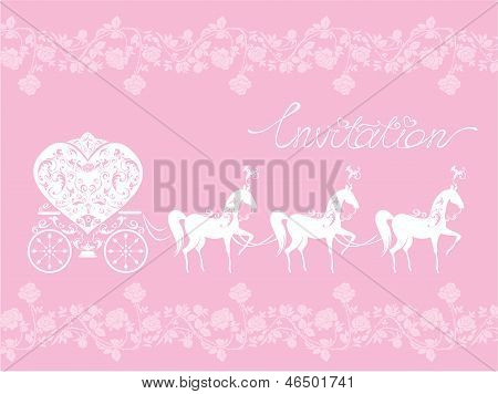 Pink Greeting Card With A Lace Ornament. Floral Background With White Horses And Carriage. Invitatio