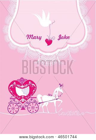 Pink Greeting Card With A Lace Ornament. Floral Background With White Dove, Horse And Carriage. Invi
