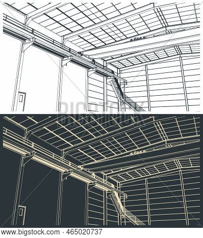 Stylized Vector Illustration Of Rawings Of Industrial Hall Building Interior