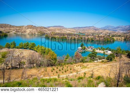 Mountain Lake. Emerald Water Reservoir Behind The Dam Oymapinar. Green Canyon In Manavgat Region, Tu