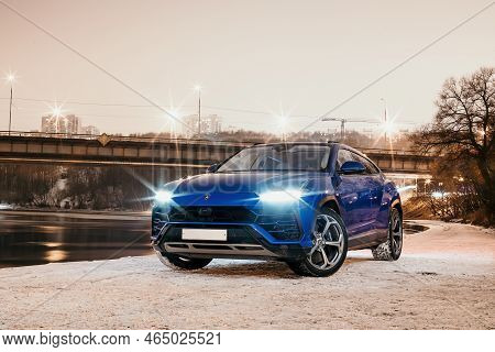 Moscow, Russia - December 14, 2020 : Blue Lamborghini Urus New Super Suv Car. Ssuv On The Street. Sn