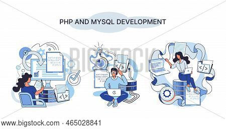 Php And Mysql Development Metaphor. Software Website Developer With Computer, Programmer Service, Op
