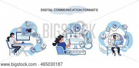 Digital Communication Formats Metaphor, Content Online Data And Social Media Streaming. Abstract Mod