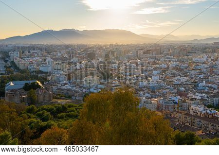 Aerial View Of Malaga Taken From Gibralfaro Castle Including Cathedral Of Malaga,  Andalucia, Spain.