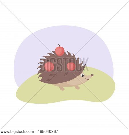 Hedgehog. Cute Hedgehog In Cartoon Style. The Hedgehog Carries Red Apples On Its Back. Side View. Ve