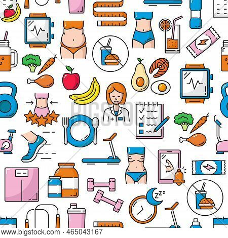 Diet Nutrition, Healthy Food, Fitness Sport And Weight Control Vector Seamless Pattern. Keto Diet Fo