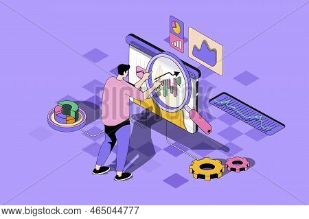 Seo Optimization Web Concept In 3d Isometric Design. Man Makes Analytics Of Internet Sites And Searc