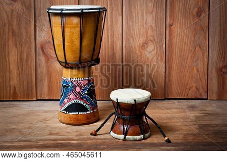 Damaru And Djembe Drums, Percussion And Musical Instruments.