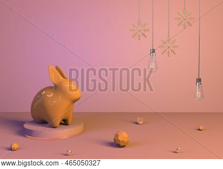 Merry Christmas , Christmas Celebrations Rabbit With Podium For A Product, Lamp And Snowfalke . 3d R