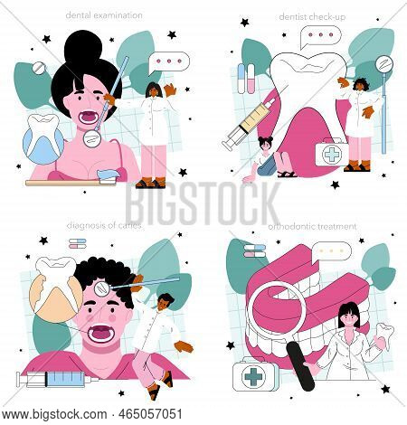 Dentist Concept Set. Dental Doctor In Uniform Treating Human Teeth Using