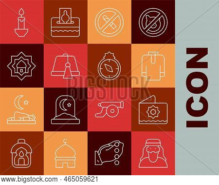 Set Line Muslim Man, Octagonal Star, Shirt Kurta, No Smoking, Turkish Hat, Mosque, Burning Candle An
