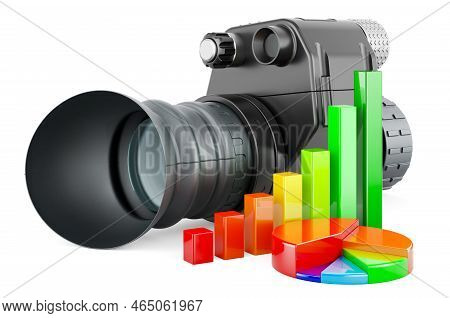 Night Vision Monocular With Growth Bar Graph And Pie Chart, 3d Rendering Isolated On White Backgroun