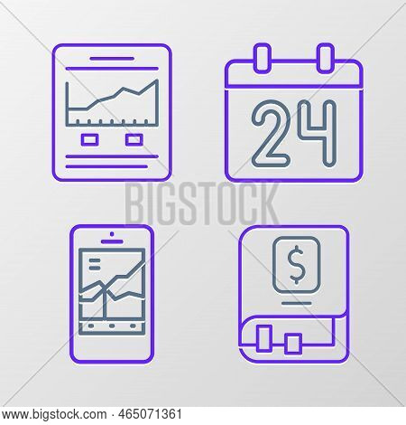 Set Line Financial Book, Mobile Stock Trading, Calendar And Website With Growth Graph Icon. Vector