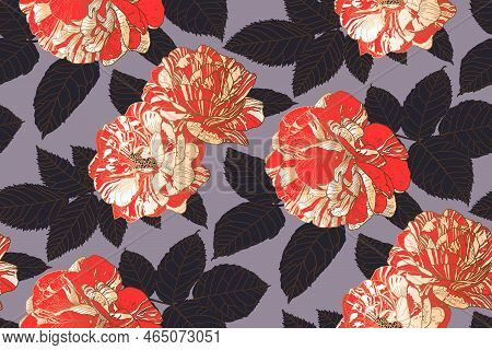 Floral Repeating Pattern Of White-red Roses And Black Leaves With Bronze Outlines On Heliotrope Grey