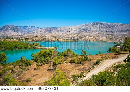 Mountain Lake. Emerald Water Reservoir Behind The Dam Oymapinar. Green Canyon In Manavgat Region, Tu