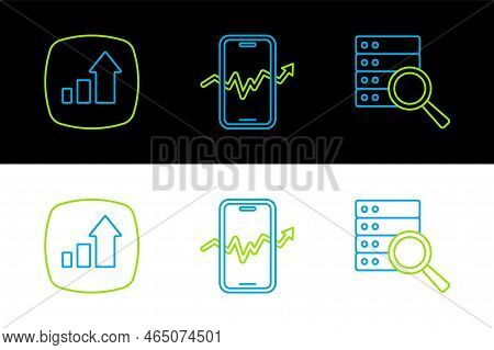 Set Line Server, Financial Growth And Mobile Stock Trading Icon. Vector