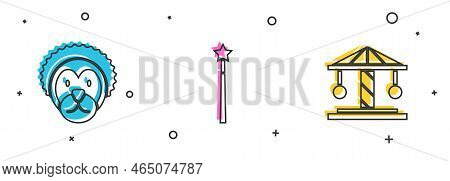 Set Wild Lion, Magic Wand And Attraction Carousel Icon. Vector
