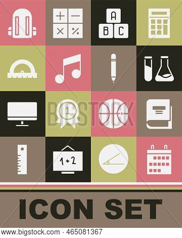 Set Calendar, Book, Test Tube And Flask, Abc Blocks, Music Note, Tone, Protractor, School Backpack A