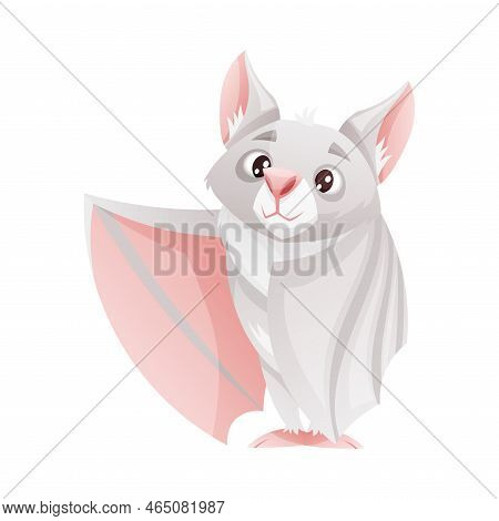 Funny Grey Bat With Cute Snout And Pointed Ears Standing With Spread Wing Vector Illustration
