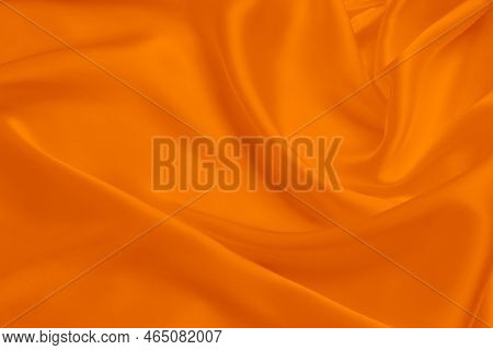 Orange Fabric Texture Background, Detail Of Silk Or Linen Pattern.