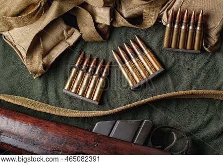 Military Ammunition Clips And Bandoliers With Rifle