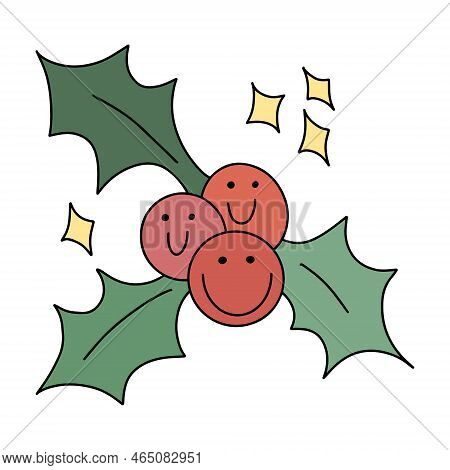 Modern Trendy Groovy Retro Christmas Clip Art. Holly Berry Mistletoe Branch With Smiling Berries. De