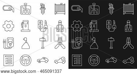 Set Line Auto Service Check Automotive, Car Battery Jumper Power Cable, Mechanic, Spark Plug, Petrol