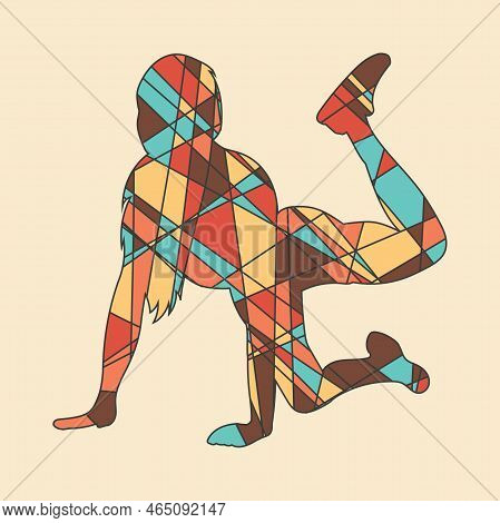 Silhouette Of Human Standind In Yoga Position In Mosaic Style. Abstract Geometric Irregular Mosaic.