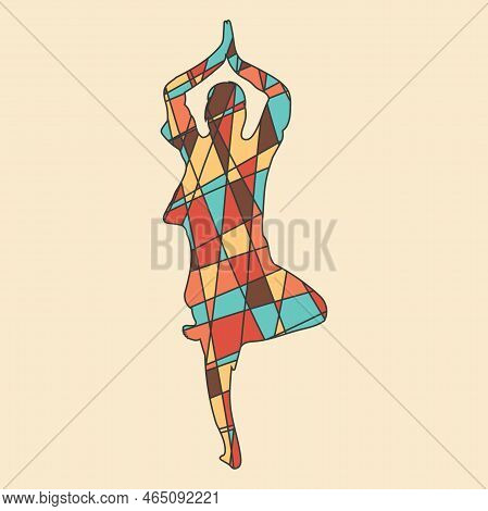 Silhouette Of Human Standind In Yoga Position In Mosaic Style. Abstract Geometric Irregular Mosaic.