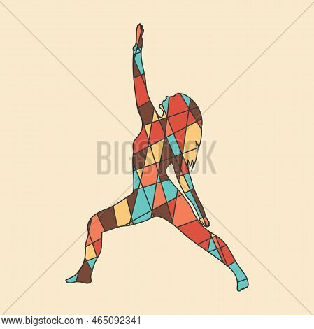 Silhouette Of Human Standind In Yoga Position In Mosaic Style. Abstract Geometric Irregular Mosaic.