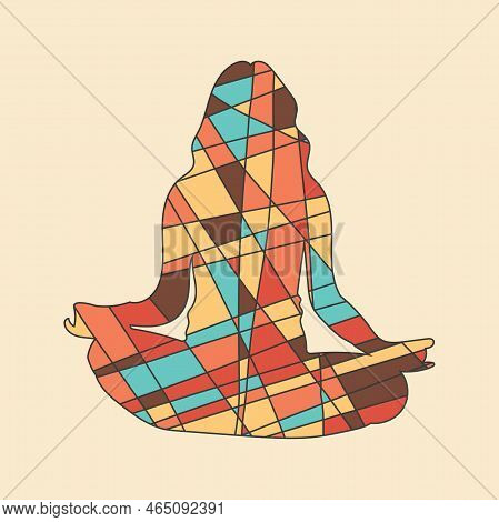 Silhouette Of Human Standind In Yoga Position In Mosaic Style. Abstract Geometric Irregular Mosaic.