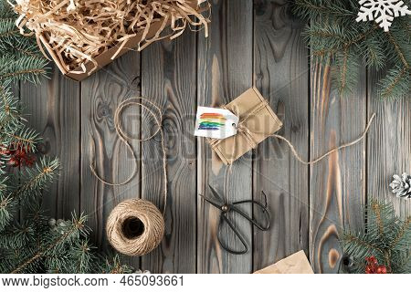 Composition Of Natural, Organic, Fabric Wrapped Box With Rainbow Label, Festive Cards With Scissors 
