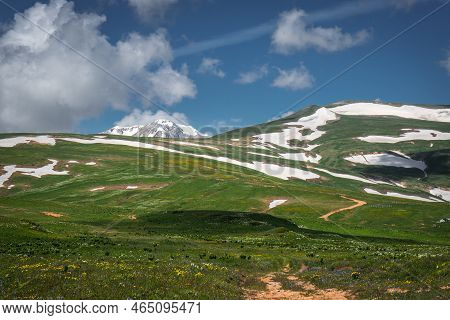 Beautiful View Of Mount Oshten With Snow.