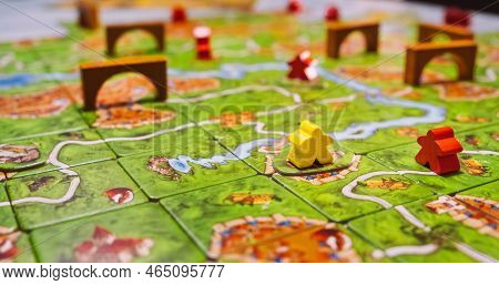 Board Game Carcassonne. Party Entertainment Or Family Leisure Hobby. Play Together. Strategic And Ec