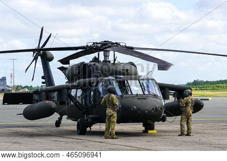 Liepaja, Latvia - August 7, 2022: Sikorsky Uh-60 Black Hawk Helicopter With Pilots Before Take Off F