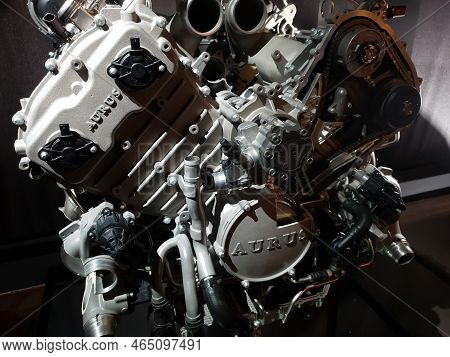 Moscow, Russia - April 4, 2022:  V8 4.4 Engine Of Russian Premium Car Aurus. Museum Of The Special P