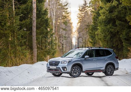 Kostroma, Russia - November 8, 2022: A Silver Subaru Forester Stands On The Road In A Snowy Winter F