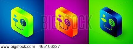 Isometric Human And Money Icon Isolated On Blue, Purple And Green Background. Concept Of Attracting 