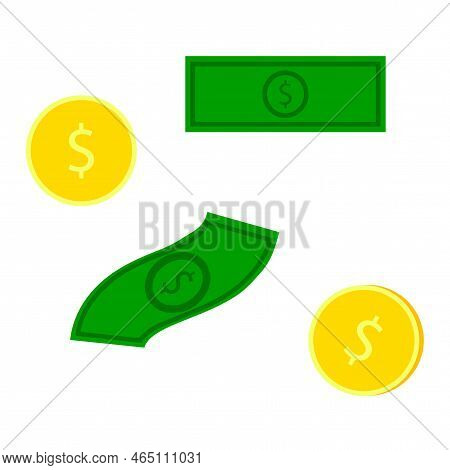 Cartoon Dollars Coins. Finance Isometric. Business Success. Financial Concept. Dollar Banknote. Vect
